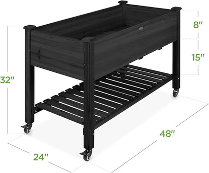 Best Choice Products Raised Garden Bed 48x24x32-inch Mobile Elevated Wood Planter w/Lockable Wheels, Storage Shelf, Protective Liner - Black