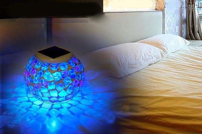 Waterproof Color Changing Table Lamp, Solar Powered Mosaic Glass Ball LED Garden Lawn Night Light Lamps, Party Lights for Home,Yard, Indoor,Outdoor Decoration Lights (Blue+Purple+Yellow)