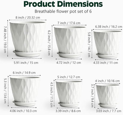 Plant Pots, Self Watering Planters with Drainage Holes and Trays, Flower Pots for Indoor Outdoor - 6 Pack(4/5/6/6.5/7/8 Inch) (White)