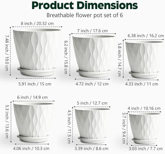 Plant Pots, Self Watering Planters with Drainage Holes and Trays, Flower Pots for Indoor Outdoor - 6 Pack(4/5/6/6.5/7/8 Inch) (White)