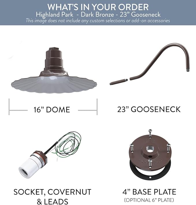 Steel Lighting Co. Highland Park Barn Light | Outdoor Wall Mounted | 16 inch Radial Wave | 23 inch Gooseneck | Vintage Style Made in America | Dark Bronze Exterior/White Interior
