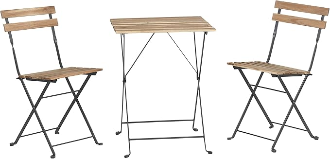 Folding Patio Bistro Set – 3-Piece Acacia Wood and Steel Café Table and Chairs for Porch, Deck, Garden, or Balcony Furniture by Lavish Home (Brown)