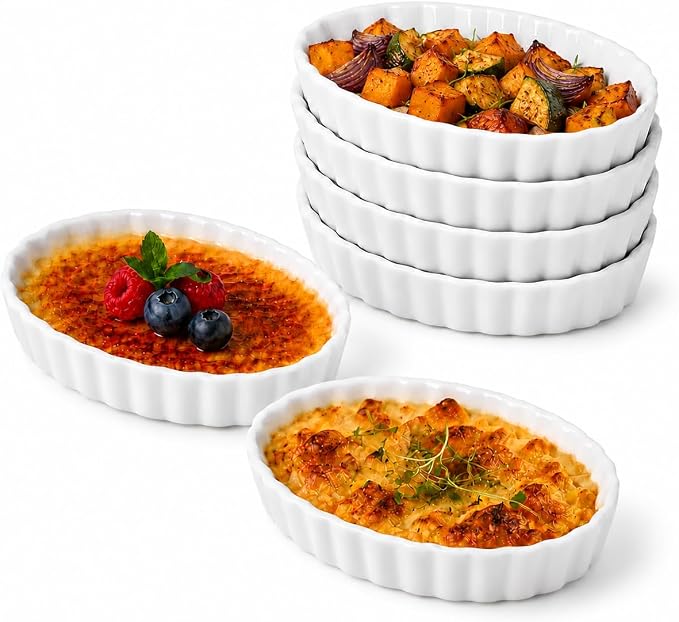Creme Brulee Ramekins, 6 Pcs Oval Ceramic Baking Dishes 4 OZ, 5.2 Inch Oven Safe Baking Dishes for Souffle, Dessert, Baked Gratins, Prep Bowls for Ingredients, Dipping Sauces - Dishwasher Safe & Stackable