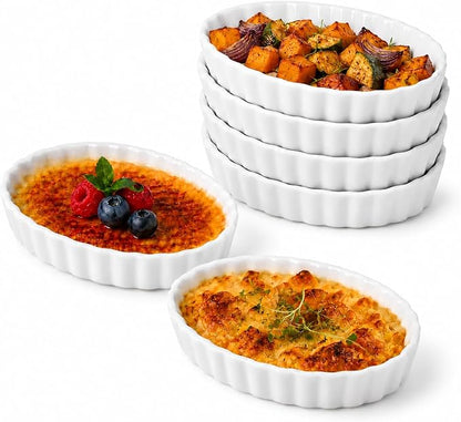 Creme Brulee Ramekins, 6 Pcs Oval Ceramic Baking Dishes 4 OZ, 5.2 Inch Oven Safe Baking Dishes for Souffle, Dessert, Baked Gratins, Prep Bowls for Ingredients, Dipping Sauces - Dishwasher Safe & Stackable