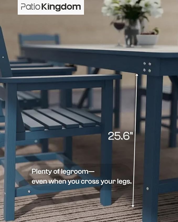 7-Piece Navy Blue HDPE Patio Table and Chairs Set, Weather Resistant Outdoor HDPE Dining Table Sets with Umbrella Hole for Lawn, Garden, Deck, Poolside, Balcony