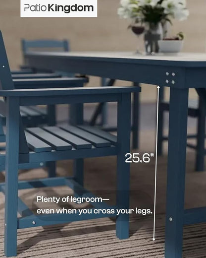 7-Piece Navy Blue HDPE Patio Table and Chairs Set, Weather Resistant Outdoor HDPE Dining Table Sets with Umbrella Hole for Lawn, Garden, Deck, Poolside, Balcony