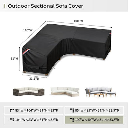 KylinLucky Outdoor Patio Furniture Cover fit 100 x 100 inch, 98 x 98, 96 x 96 L-Shaped Sectional Sofa, Waterproof Weatherproof Heavy Duty 600D Garden Cover for Outside L Shape Couch