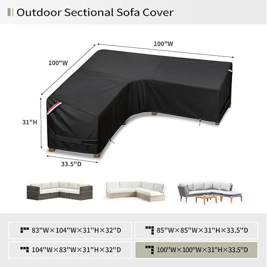 KylinLucky Outdoor Patio Furniture Cover fit 100 x 100 inch, 98 x 98, 96 x 96 L-Shaped Sectional Sofa, Waterproof Weatherproof Heavy Duty 600D Garden Cover for Outside L Shape Couch