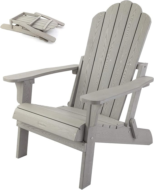 hOmeHua Folding Adirondack Chair Weather Resistant, Hard Plastic Imitation Wood Stripes Adirondack Chair, Easy to Fold Move & Maintain, Outdoor Chair for Patio, Backyard Deck, Fire Pit - Gray