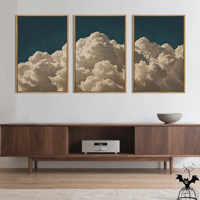 IARTTOP Extra Large Navy Blue Cloud Wall Art 24x36 Inch Framed Abstract Modern Landscape Canvas Wall Decor Minimalist Sky Painting Set of 3 for Bedroom Living Room Office