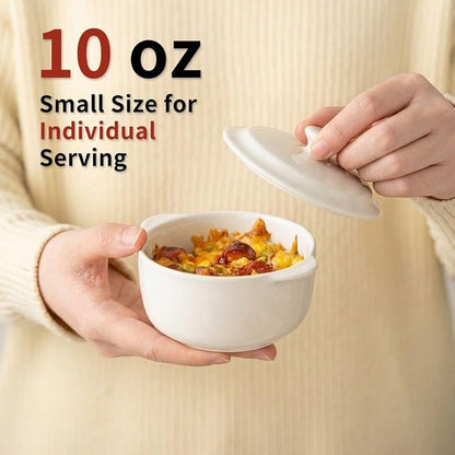 4-Pack Ceramic Mini Cocotte Set, 10 Oz Stoneware Casserole Dishes with Handles & Lids, Oven-Safe Ramekins for Soufflé, Soup, Cobbler & Baking, Individual Serving Bakeware, Off White
