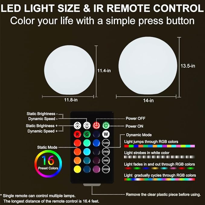 12-in LED Glowing Ball Light, Rechargeable LED Globe Orb Light w/Remote (1PC) and and 14-in Glowing LED Ball Light, Rechargeable Dimmable RGB Color Changing Globe Orb Light w/Remote (1PC)