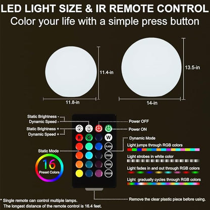 12-in LED Glowing Ball Light, Rechargeable LED Globe Orb Light w/Remote (1PC) and and 14-in Glowing LED Ball Light, Rechargeable Dimmable RGB Color Changing Globe Orb Light w/Remote (1PC)
