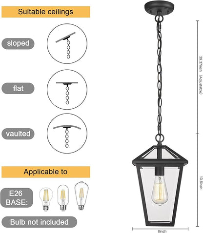 Outdoor Pendant Light for Porch, Exterior Hanging Lantern Outside Chandelier in Black Finish with Clear Glass, Ceiling Mount Outdoor Lighting for Entryway, Doorway, Farmhouse, Waterproof