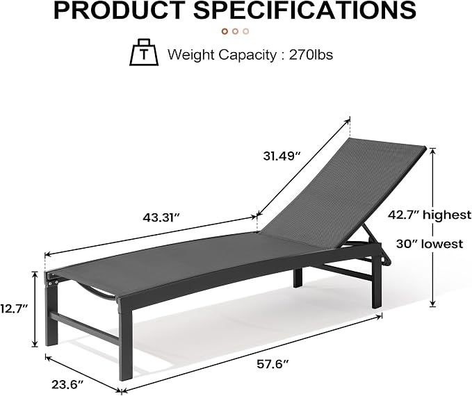 Crestlive Products Outdoor Lounge Chairs, Aluminum Pool Chaise Lounge Chairs, Adjustable Five-Position Tanning Recliner, All Weather for Patio, Beach, Yard, Pool (1PC Black)