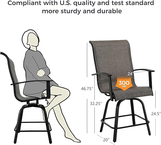 Grand patio Outdoor Swivel Bar Stools with Armrests Backs, 24" Height Patio Chairs for Porch Deck, Set of 4, Outdoor Sling Fabric (Coffee, 4PC)