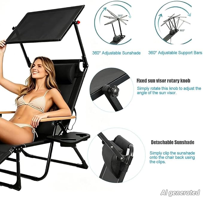 Folding Lounge Chair with Adjustable Canopy, Portable Sun Lounger with 4-Position Reclining Back, Outdoor Chaise Lounge with Arms, Tanning Chair for Beach Poolside Backyard Camping, 440LBS (Black B)