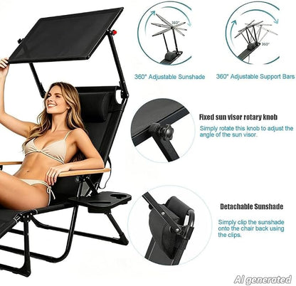 Folding Lounge Chair with Adjustable Canopy, Portable Sun Lounger with 4-Position Reclining Back, Outdoor Chaise Lounge with Arms, Tanning Chair for Beach Poolside Backyard Camping, 440LBS (Black B)