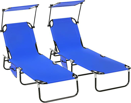 Outsunny Folding Chaise Lounge Chairs Outdoor Set of 2 w/Canopy Blue | Sun Tanning Chairs, Reclining Back, Steel Frame, Side Pocket, for Outside Beach Yard Patio Pool
