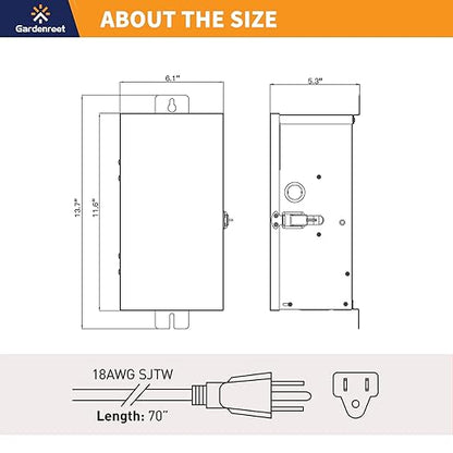 Gardenreet 300W Low Voltage Landscape Lighting Transformer - ETL Listed IP65 Multi-Tap (120V AC to 12V-13V-14V-15V AC) with Mechanical Timer, Stainless Steel Shield for Outdoor, Spotlight, Path Light