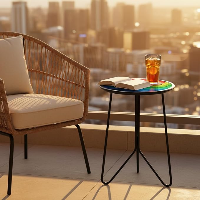 LIFFY Patio Side Tables,12" Outdoor Metal Side Table with Glass Tabletop,Indoor Small Round Decorative Plant Stand & Accent Table for Garden, Yard, Balcony, Backyard, Porch