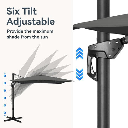 GREEN PARTY 9x12 ft Cantilever Patio Umbrella with Base, Rectangle Offset Outdoor Umbrellas with 360° Rotation, 5-Year-Non-Fading Hanging Pool Umbrella for Garden Deck Poolside - Grey