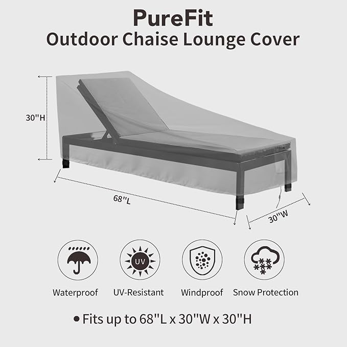 PureFit Outdoor Chaise Lounge Cover, Lounge Chair Covers Waterproof Patio Furniture Lounge Chair Cover, UV Resistant & Weatherproof, 1 Pack, 68"L x 30"W x 30"H Inches, Gray