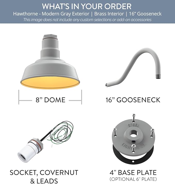 Steel Lighting Co. | Dusk to Dawn | Hawthorne Barn Light | Outdoor Wall Mounted | 8 in Dome | 16 inch Gooseneck| Small Farmhouse Light Made in America | Modern Gray/Brass
