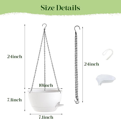 10 Inch Hanging Planters with Chains 2 Pack Self Watering White Plastic Hanging Pots for Indoor Outdoor Plants, Garden Porch Home Decor (White)