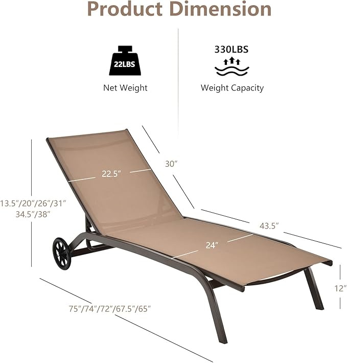 COSTWAY Chaise Lounge Chair Outdoor with Wheels, 6-Position Adjustable Tanning Chair with Stable Aluminum Frame, Portable Sun Bathing Lounge Chair for Backyard, Garden, Poolside, Coffee