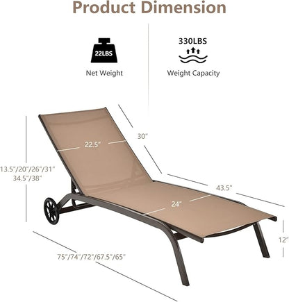COSTWAY Chaise Lounge Chair Outdoor with Wheels, 6-Position Adjustable Tanning Chair with Stable Aluminum Frame, Portable Sun Bathing Lounge Chair for Backyard, Garden, Poolside, Coffee