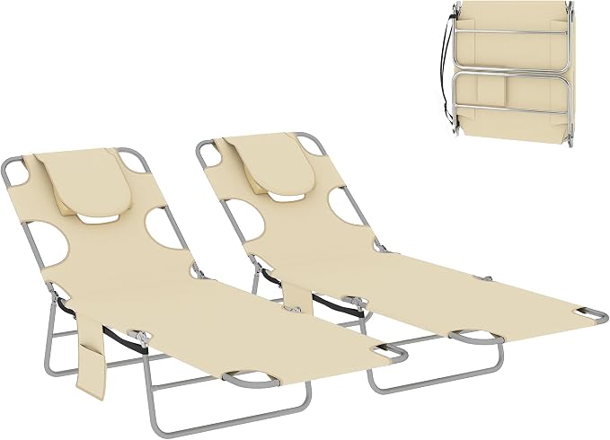 Outsunny Chaise Lounge Chair Outdoor Set of 2 w/Face Arm Hole Beige | 5-Position Reclining, Face Down, Carry Strap, Side Pocket, Portable, Folding Tanning Bed Cot, for Patio Beach Pool