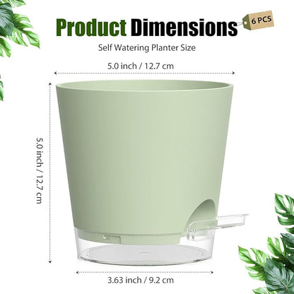 Plant Pots 5 Inch Self Watering Pots,6 Pack Plastic Planters with Drainage Holes and Clear Saucers,Plastic Flower Pots,Nursery Planting Pot for Indoor Out Door Plants (Green)