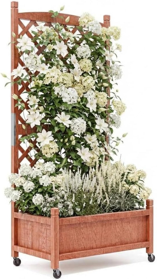IDEALHOUS Large Raised Garden Bed with Trellis & Wheels, 61" Wooden Mobile Planter Box with Drainage Hole, Freestanding Vertical Planter for Outdoor Indoor Patio Lawn Herbs Flowers Vegetables, 1 Pack