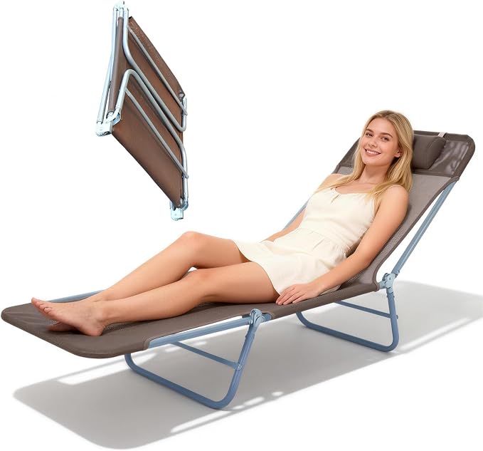 Outdoor Chaise Lounge with Detachable Pillow, Reclining Folding Chair with 5-Position Adjustable Back, Portable Tanning Chair for Beach, Pool, Lawn, Breathable Mesh Seat, No Assembly