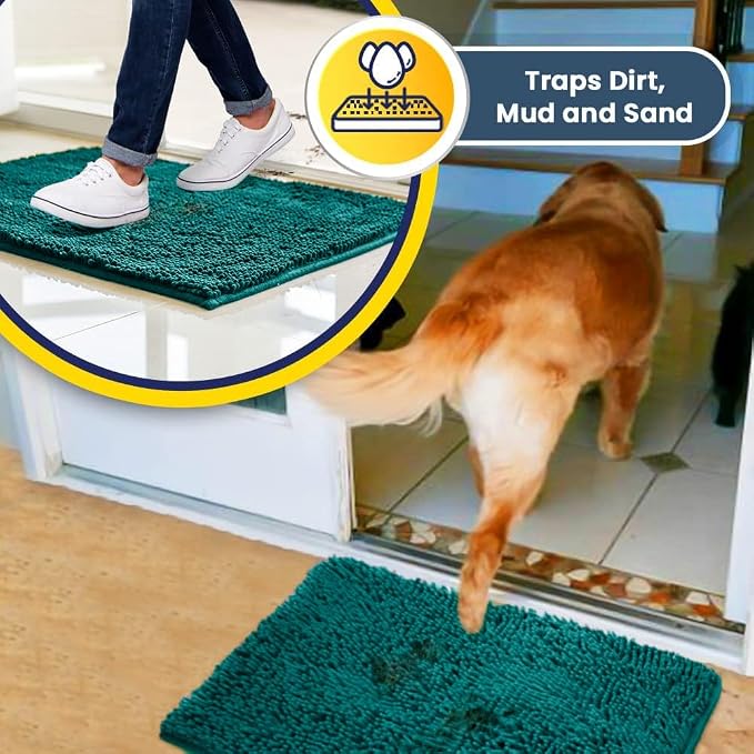 Muddy Mat® | Super Water Absorbent Door Mat Indoor, Microfiber Quick Dry Chenille Entryway Rug, Slip Resistant Front Door Mat, Indoor Mats for Entryway, Machine Washable Pet Rug, Teal 36"x60"