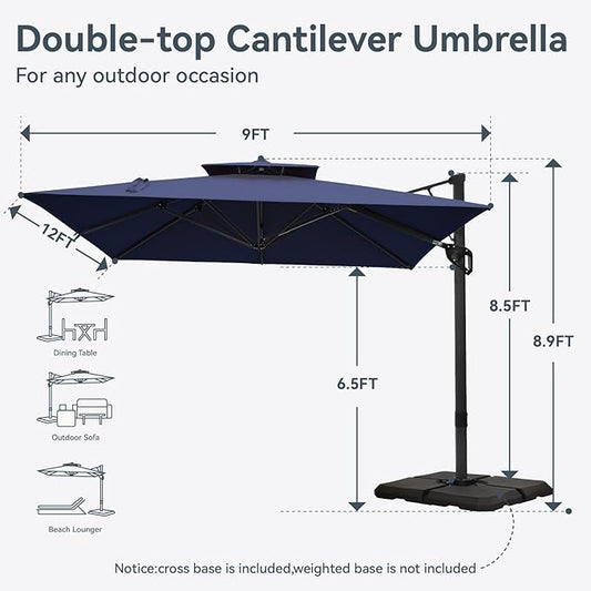 GREEN PARTY 12x9 ft Cantilever Patio Umbrella, Rectangle Offset Outdoor Umbrellas with 360° Rotation, 5-Year-Non-Fading Hanging Pool Umbrella for Garden Deck Poolside - Navy Blue