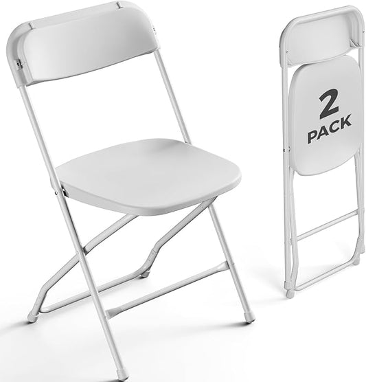 2 Pack White Plastic Folding Chairs, Outdoor Portable Folding Chair with Steel Frame, 350lbs Capacity Stackable Foldable Chairs for Patio, Garden, Picnic, Kitchen, Events