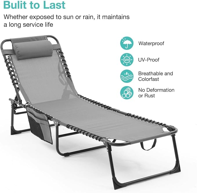 Tanning Chairs for Outside, Chaise Outdoor Lounge Chair, Folding Pool Chairs & Patio Lounger for Beach Camping Hiking Backyard Sunbathing Poolside, Portable (Gray Set of 2)