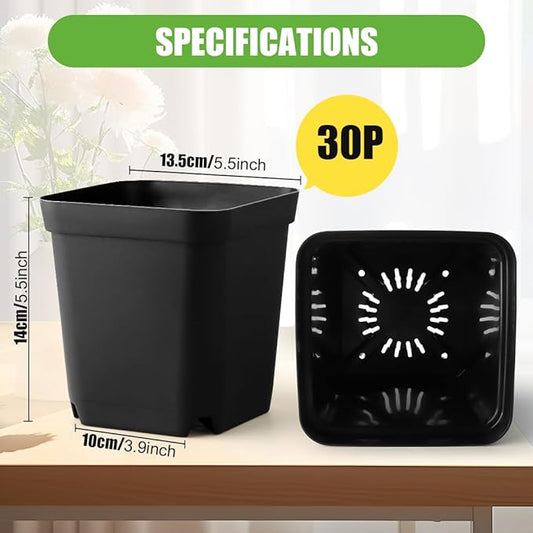Square Nursery Pots 5.5 Inch, Plastic Plant Pot with Drainage Holes, 30 Pcs Reusable Seedling Starter Pots Garden Flower Pots Planters for Indoor Plants, Transplanting, Succulents, Cuttings