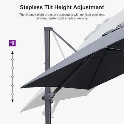 PURPLE LEAF 10' × 10' Patio Cantilever Umbrella Outdoor Square Adjustable Offset Umbrellas with 360-degree Rotation and 8 Heavy Duty Metal Ribs for Garden Deck Pool Gray