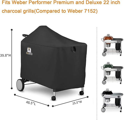 Grill Cover for Weber Performer Deluxe Charcoal, 22 Inch BBQ Covers, Premium Heavy Duty Waterproof Accessories for Weber 7152 Performer Charcoal Grills with Handles