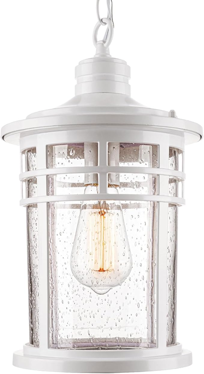 Darkaway Large Outdoor Pendant Lights for Porch, 15inch Outdoor Chandelier Hanging Porch Lights Ceiling Mount Aluminum with Seeded Glass for Front Porch Gazebo Patio (Large, White)