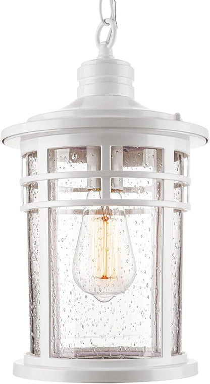 Darkaway Large Outdoor Pendant Lights for Porch, 15inch Outdoor Chandelier Hanging Porch Lights Ceiling Mount Aluminum with Seeded Glass for Front Porch Gazebo Patio (Large, White)