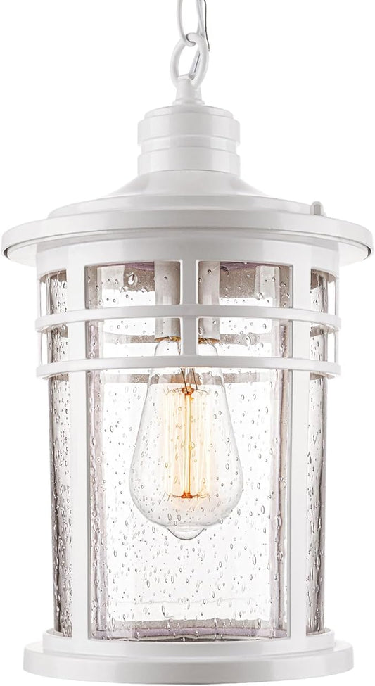 Darkaway Large Outdoor Pendant Lights for Porch, 15inch Outdoor Chandelier Hanging Porch Lights Ceiling Mount Aluminum with Seeded Glass for Front Porch Gazebo Patio (Large, White)