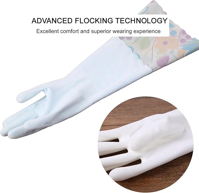 Bamllum 2 Pairs Rubber Cleaning Gloves, Household Kitchen Dishwashing Gloves with Cotton Flocked Liner, Long Cuff 16 Inches (Yellow+Pink, Large)
