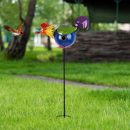 37" Bird Houses for Outside, Outdoor Metal Rooster Birdhouse with Hanging String & Poles for Patio, Yard, Garden
