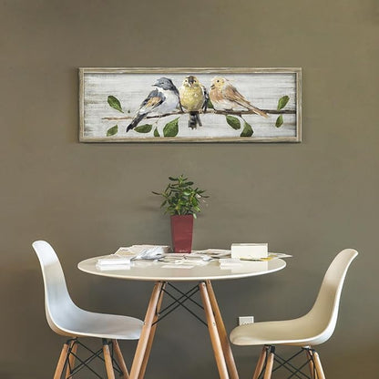Rustic Bird Framed Wall Art: Vintage Animal Wooden Painting Abstract Colorful Cute Sparrow Picture Country Chubby Chickadee Prints Artwork Decor for Living Room Bedroom Farmhouse