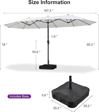 PURPLE LEAF 14ft Patio Market Umbrella with Base Double-Sided Rectangle Outdoor Table Sun Umbrellas with Crank 12 Heavy Duty Sturdy Ribs for Pool Beach Deck Backyard Cream