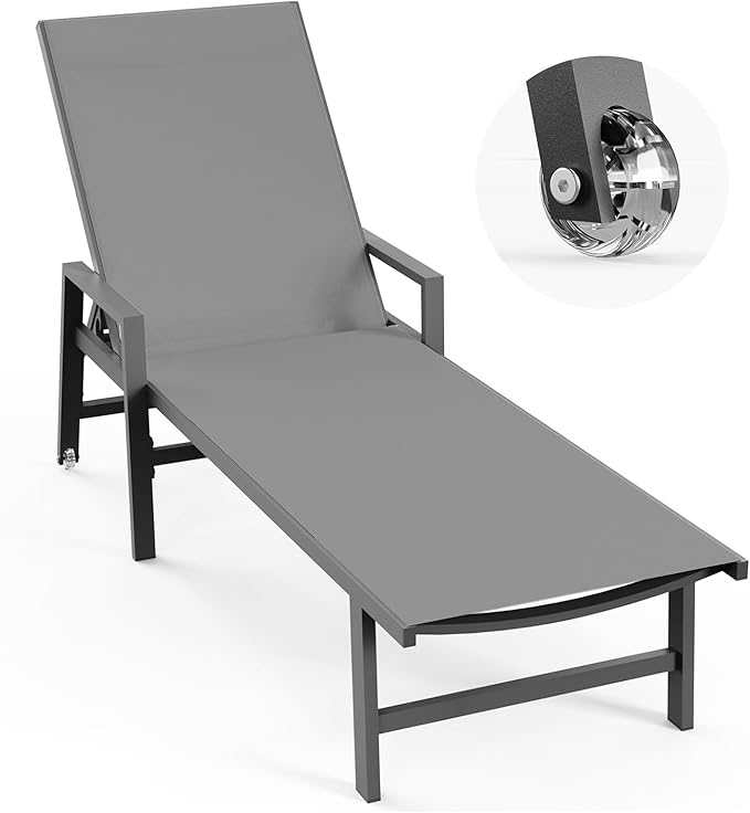 Vexwalx Patio Chaise Lounge Chair Outdoor with Wheels&Armrests, Aluminum Pool Lounge Chairs 5-Position Adjustable Recliner, Outdoor Beach Lounge Chairs for Outside, Patio, Deck, Yard, Dark Gray